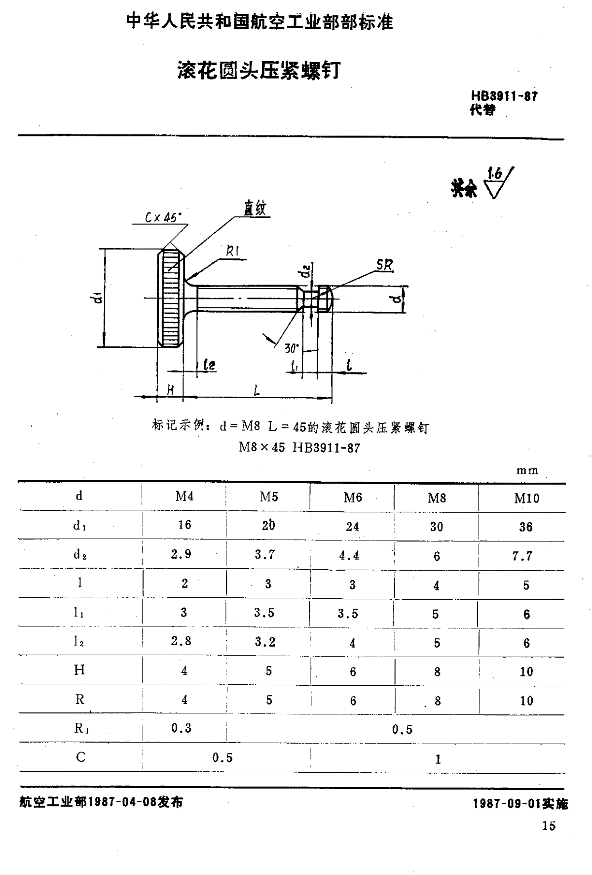 hb 3911-1987 滚花圆头压紧螺钉